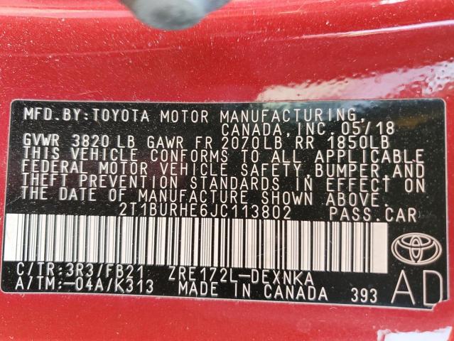 Photo 10 from auction – 2018 TOYOTA COROLLA L with VIN 2T1BURHE6JC113802