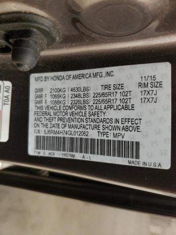 Photo 10 from auction – 2016 HONDA CR-V EXL with VIN 5J6RM4H74GL012062