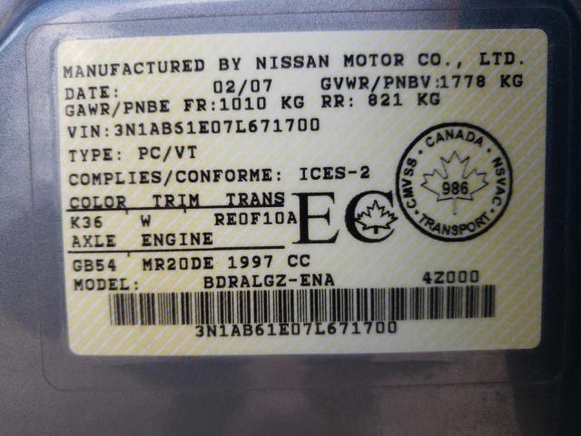 Photo 10 from auction – 2007 NISSAN SENTRA 2.0 with VIN 3N1AB61E07L671700