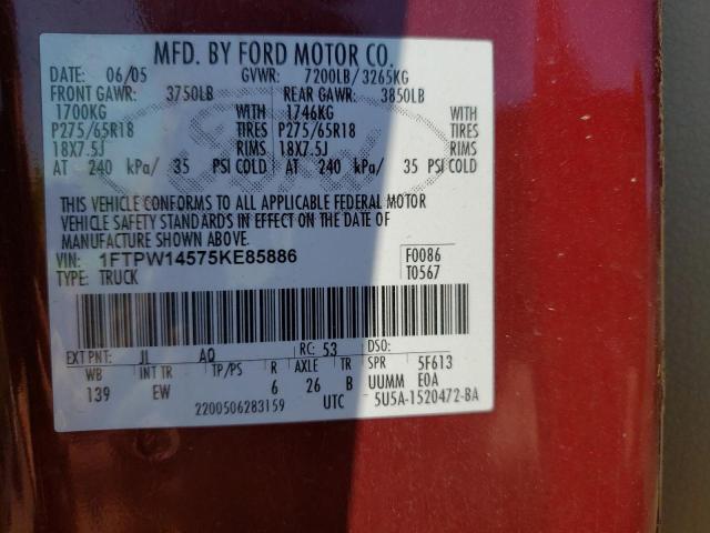 Photo 10 from auction – 2005 FORD F150 SUPER with VIN 1FTPW14575KE85886