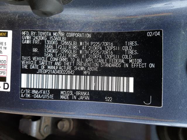 Photo 10 from auction – 2004 TOYOTA HIGHLANDER with VIN JTEDP21A040022842