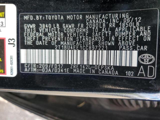 Photo 10 from auction – 2012 TOYOTA COROLLA BA with VIN 2T1BU4EE1CC897221