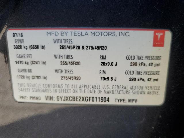 Photo 10 from auction – 2016 TESLA MODEL X with VIN 5YJXCBE2XGF011904