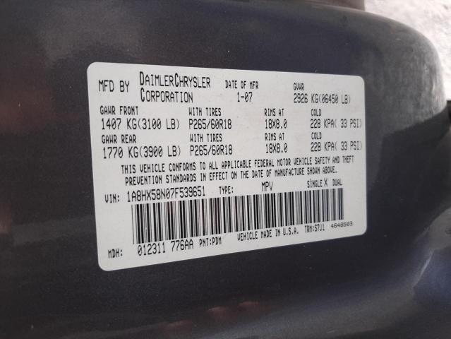 Photo 10 from auction – 2007 CHRYSLER ASPEN LIMI with VIN 1A8HX58N07F539651