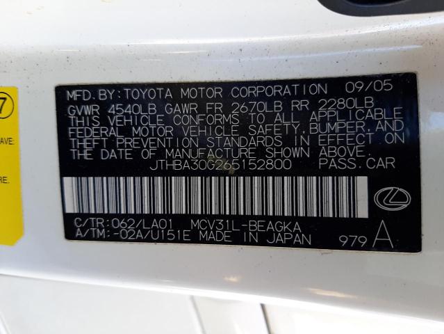 Photo 10 from auction – 2006 LEXUS ES 330 with VIN JTHBA30G265152800