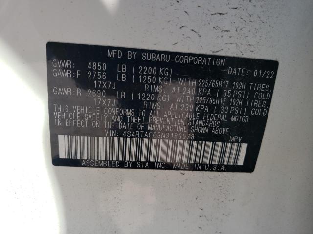 Photo 10 from auction – 2022 SUBARU OUTBACK PR with VIN 4S4BTACC3N3186078