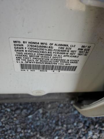 Photo 10 from auction – 2012 HONDA PILOT EXL with VIN 5FNYF4H52CB082294