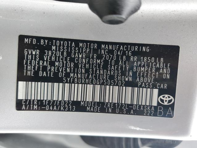 Photo 10 from auction – 2016 TOYOTA COROLLA L with VIN 5YFBURHE0GP505702