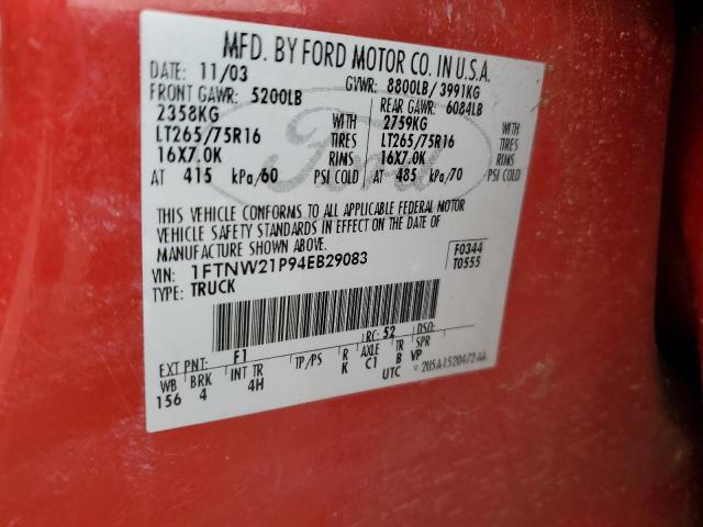 Photo 10 from auction – 2004 FORD F250 SUPER with VIN 1FTNW21P94EB29083
