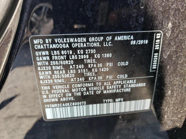 Photo 10 from auction – 2019 VOLKSWAGEN ATLAS SEL with VIN 1V2MR2CA0KC600072