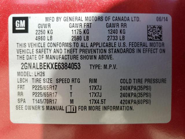 Photo 10 from auction – 2014 CHEVROLET EQUINOX LT with VIN 2GNALBEKXE6384053