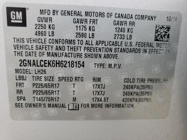 Photo 10 from auction – 2017 CHEVROLET EQUINOX LT with VIN 2GNALCEK6H6218154