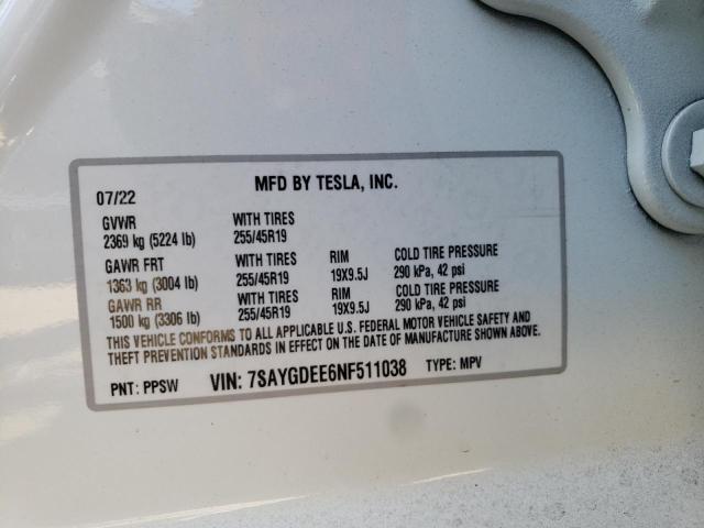 Photo 10 from auction – 2022 TESLA MODEL Y with VIN 7SAYGDEE6NF511038