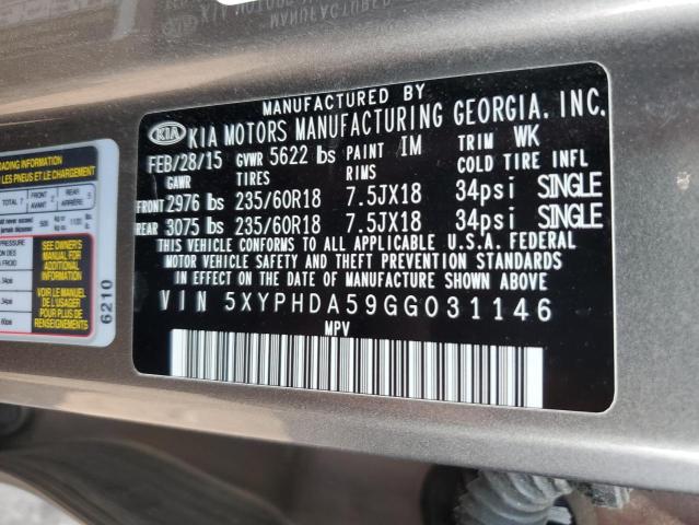 Photo 10 from auction – 2016 KIA SORENTO EX with VIN 5XYPHDA59GG031146