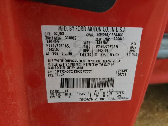 Photo 10 from auction – 2003 FORD F150 with VIN 1FTRX07243KC77771