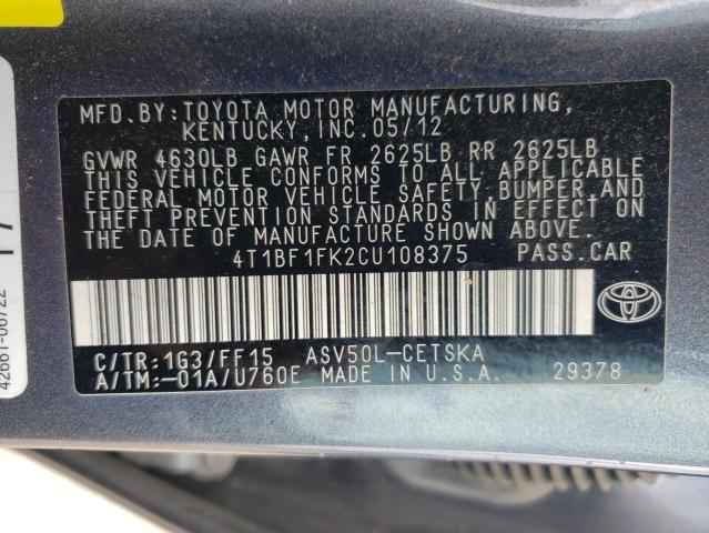 Фото 10 с аукциона – 2012 TOYOTA CAMRY BASE с VIN 4T1BF1FK2CU108375