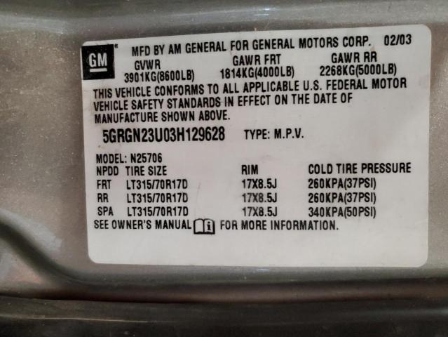 Photo 10 from auction – 2003 HUMMER H2 with VIN 5GRGN23U03H129628