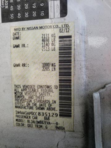 Photo 10 from auction – 2012 NISSAN MAXIMA S with VIN 1N4AA5AP0CC835129