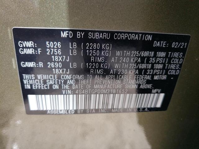 Photo 10 from auction – 2021 SUBARU OUTBACK TO with VIN 4S4BTGPD0M3181652