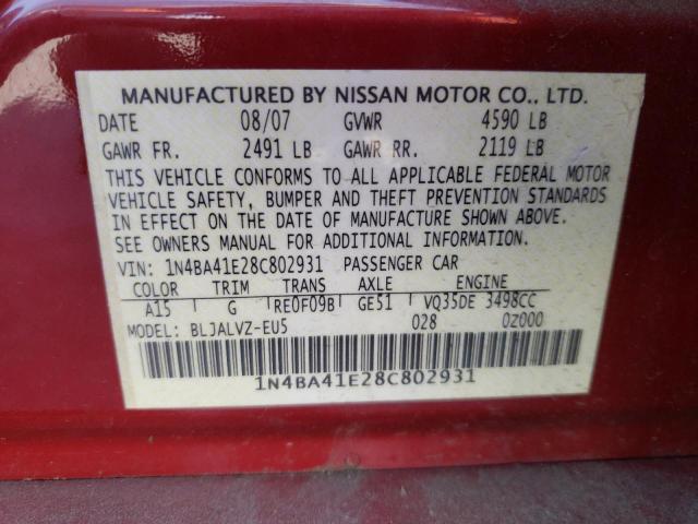 Photo 10 from auction – 2008 NISSAN MAXIMA SE with VIN 1N4BA41E28C802931