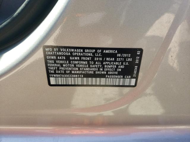Photo 10 from auction – 2012 VOLKSWAGEN PASSAT SE with VIN 1VWBH7A33CC096113
