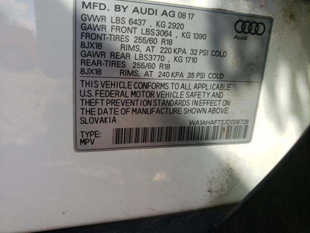 Photo 10 from auction – 2018 AUDI Q7 PREMIUM with VIN WA1AHAF72JD008726