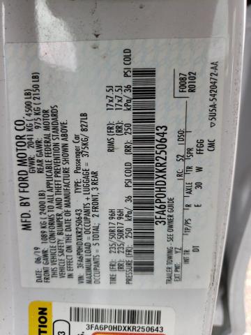 Photo 10 from auction – 2019 FORD FUSION SE with VIN 3FA6P0HDXKR250643