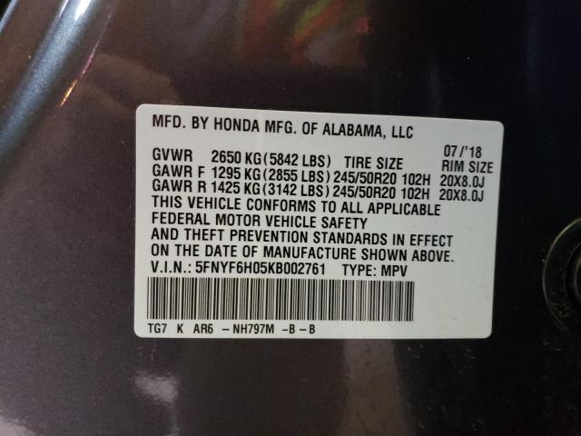 Photo 10 from auction – 2019 HONDA PILOT ELIT with VIN 5FNYF6H05KB002761