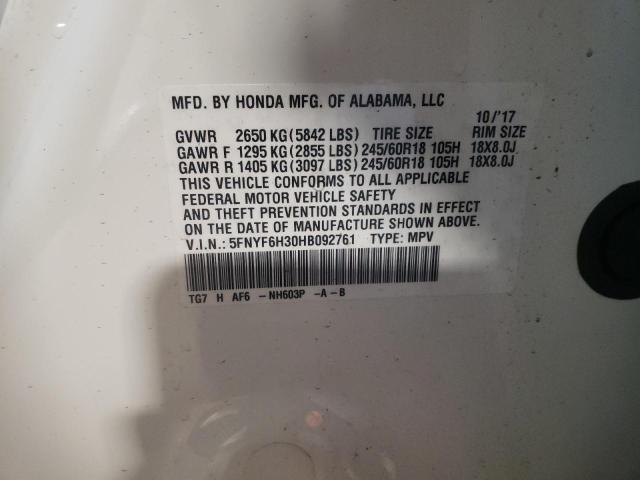 Photo 10 from auction – 2017 HONDA PILOT EX with VIN 5FNYF6H30HB092761