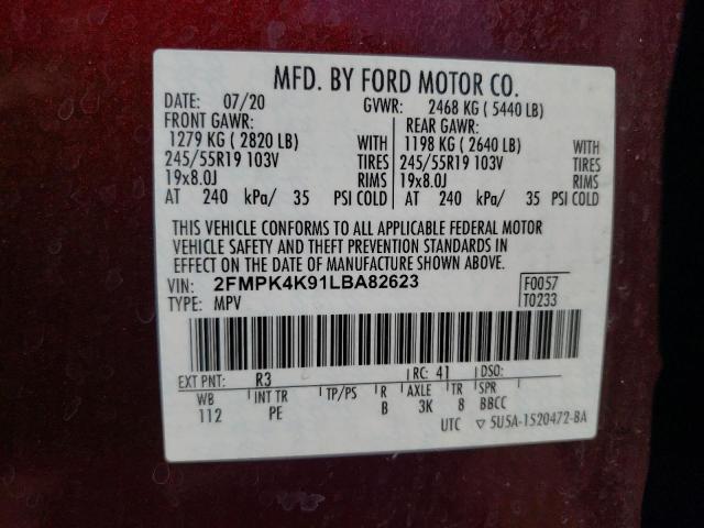 Photo 10 from auction – 2020 FORD EDGE TITAN with VIN 2FMPK4K91LBA82623
