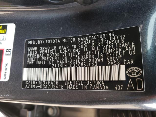 Photo 10 from auction – 2012 TOYOTA COROLLA BA with VIN 2T1BU4EE3CC852023