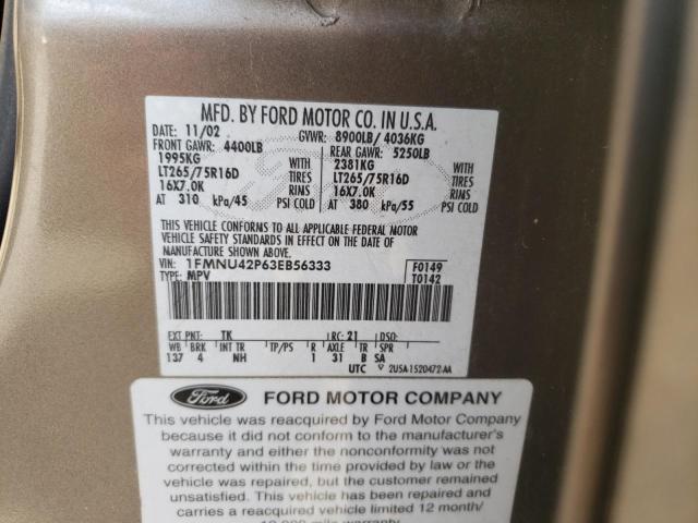 Photo 10 from auction – 2003 FORD EXCURSION with VIN 1FMNU42P63EB56333