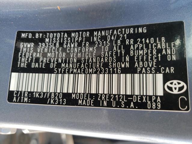 Photo 10 from auction – 2021 TOYOTA COROLLA LE with VIN 5YFEPMAE0MP233116