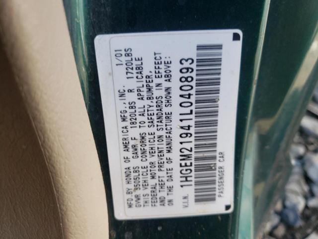 Photo 10 from auction – 2001 HONDA CIVIC SI with VIN 1HGEM21941L040893