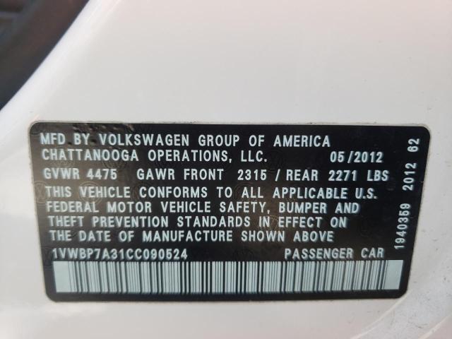 Photo 10 from auction – 2012 VOLKSWAGEN PASSAT SE with VIN 1VWBP7A31CC090524