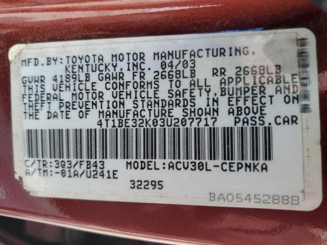 Photo 10 from auction – 2003 TOYOTA CAMRY LE with VIN 4T1BE32K03U207717