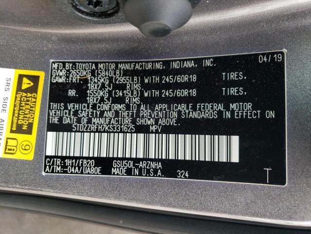 Photo 10 from auction – 2019 TOYOTA HIGHLANDER with VIN 5TDZZRFH7KS331625