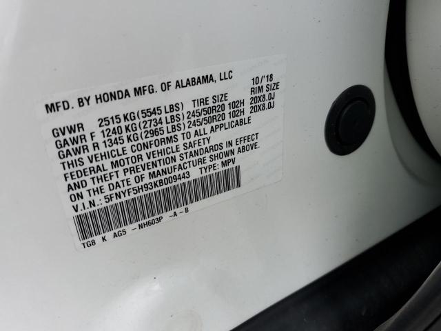 Photo 10 from auction – 2019 HONDA PILOT TOUR with VIN 5FNYF5H93KB009443