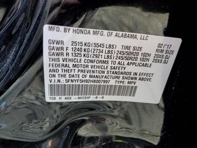 Photo 10 from auction – 2017 HONDA PILOT TOUR with VIN 5FNYF5H92HB007997