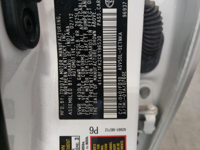 Photo 10 from auction – 2012 TOYOTA CAMRY BASE with VIN 4T4BF1FK2CR196530