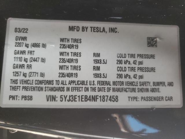 Photo 10 from auction – 2022 TESLA MODEL 3 with VIN 5YJ3E1EB4NF187458