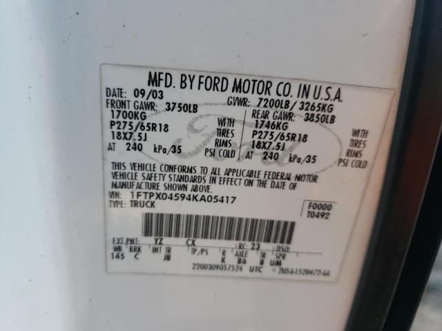 Photo 10 from auction – 2004 FORD F150 with VIN 1FTPX04594KA05417