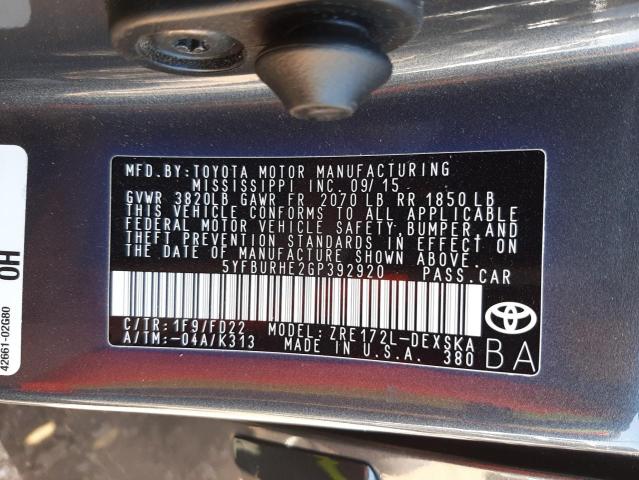 Photo 10 from auction – 2016 TOYOTA COROLLA L with VIN 5YFBURHE2GP392920
