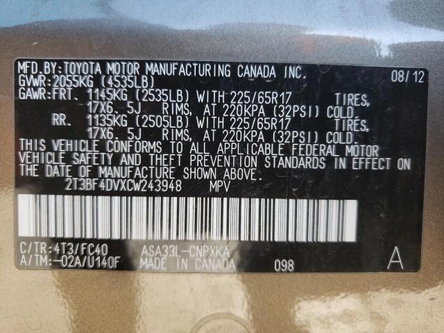 Photo 10 from auction – 2012 TOYOTA RAV4 with VIN 2T3BF4DVXCW243948
