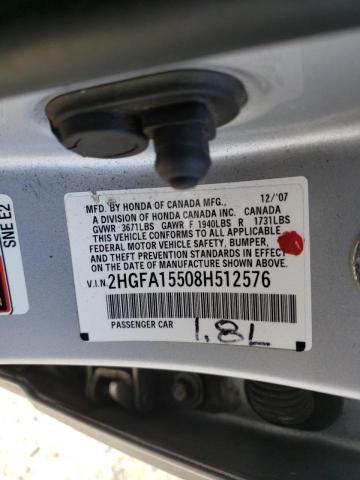 Photo 10 from auction – 2008 HONDA CIVIC LX with VIN 2HGFA15508H512576