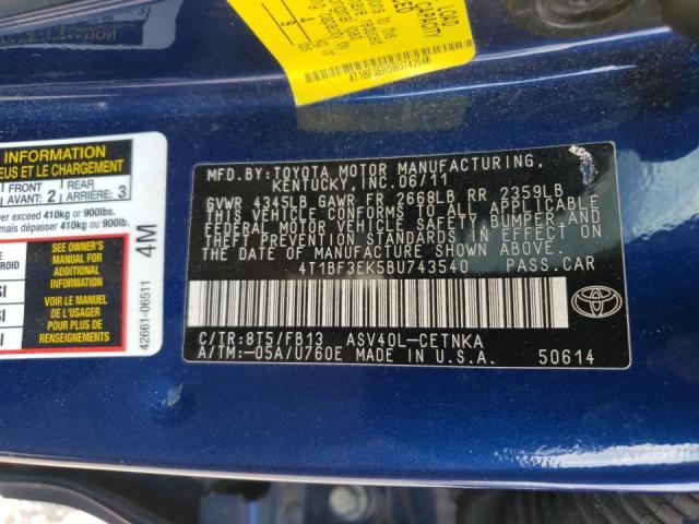 Photo 10 from auction – 2011 TOYOTA CAMRY BASE with VIN 4T1BF3EK5BU743540