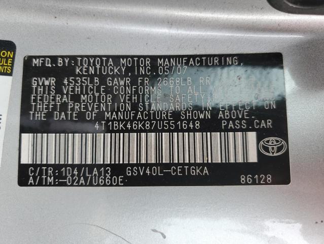 Photo 10 from auction – 2007 TOYOTA CAMREY with VIN 4T1BK46K87U551648