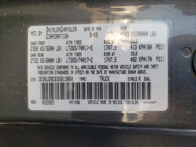 Photo 10 from auction – 2003 DODGE RAM 2500 S with VIN 3D3KU28C63G813860