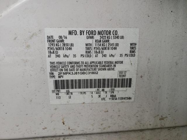 Photo 10 from auction – 2016 FORD EDGE SEL with VIN 2FMPK3J81GBC31802