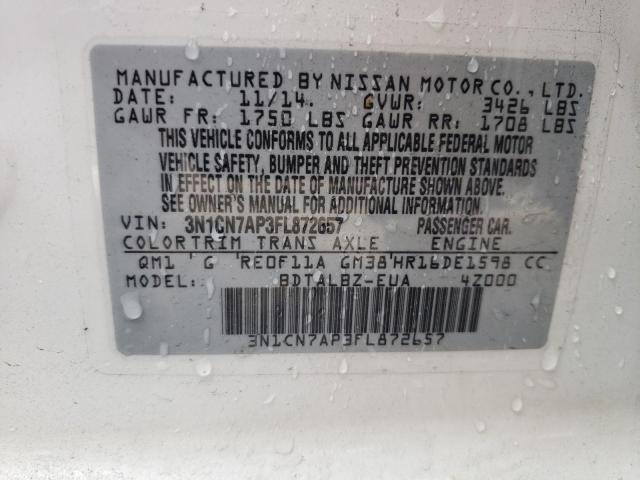 Photo 10 from auction – 2015 NISSAN VERSA S with VIN 3N1CN7AP3FL872657